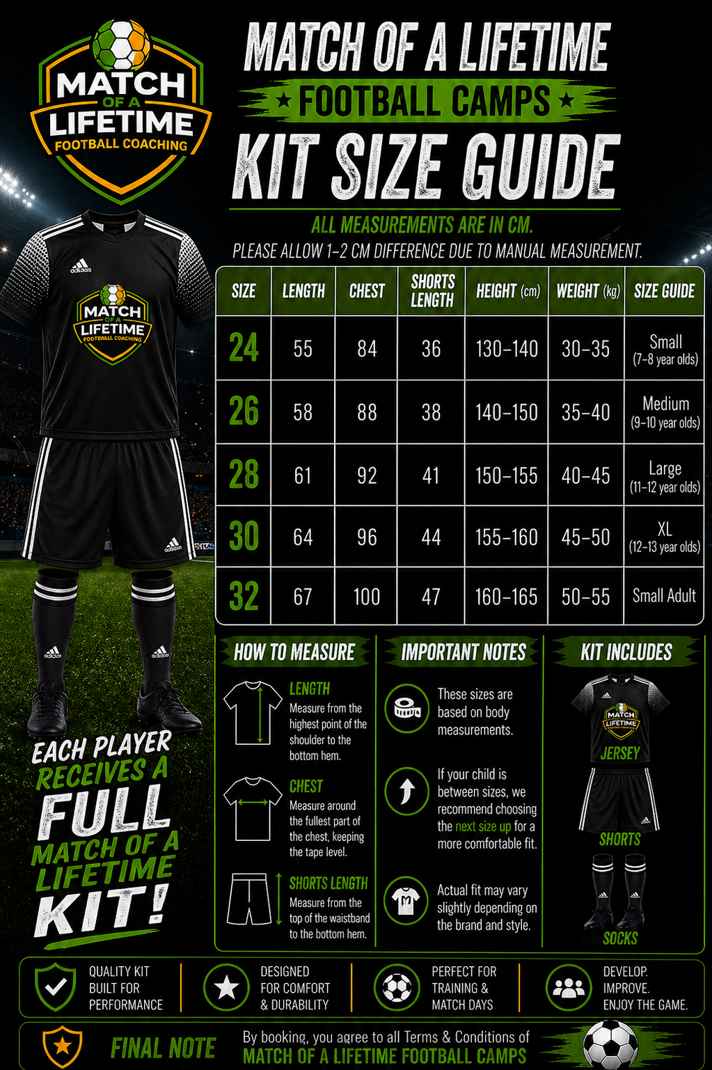 Match of a Lifetime Football Camps kit size guide