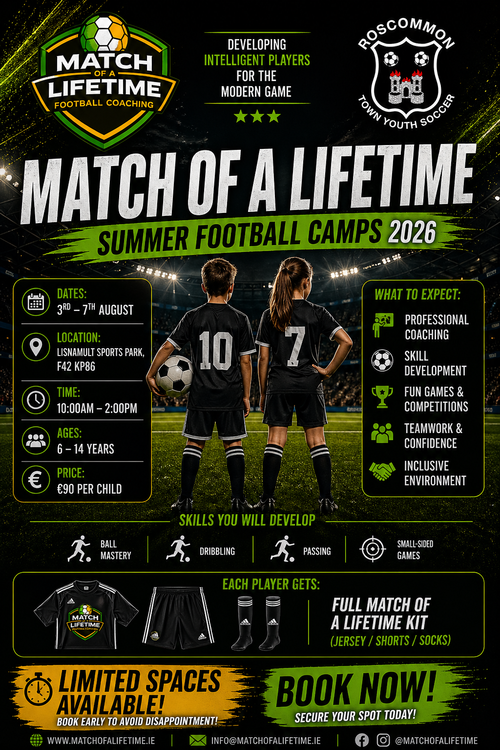 Promotional poster for Roscommon Town Youths Match Lifetime Summer Football Camps 2026 