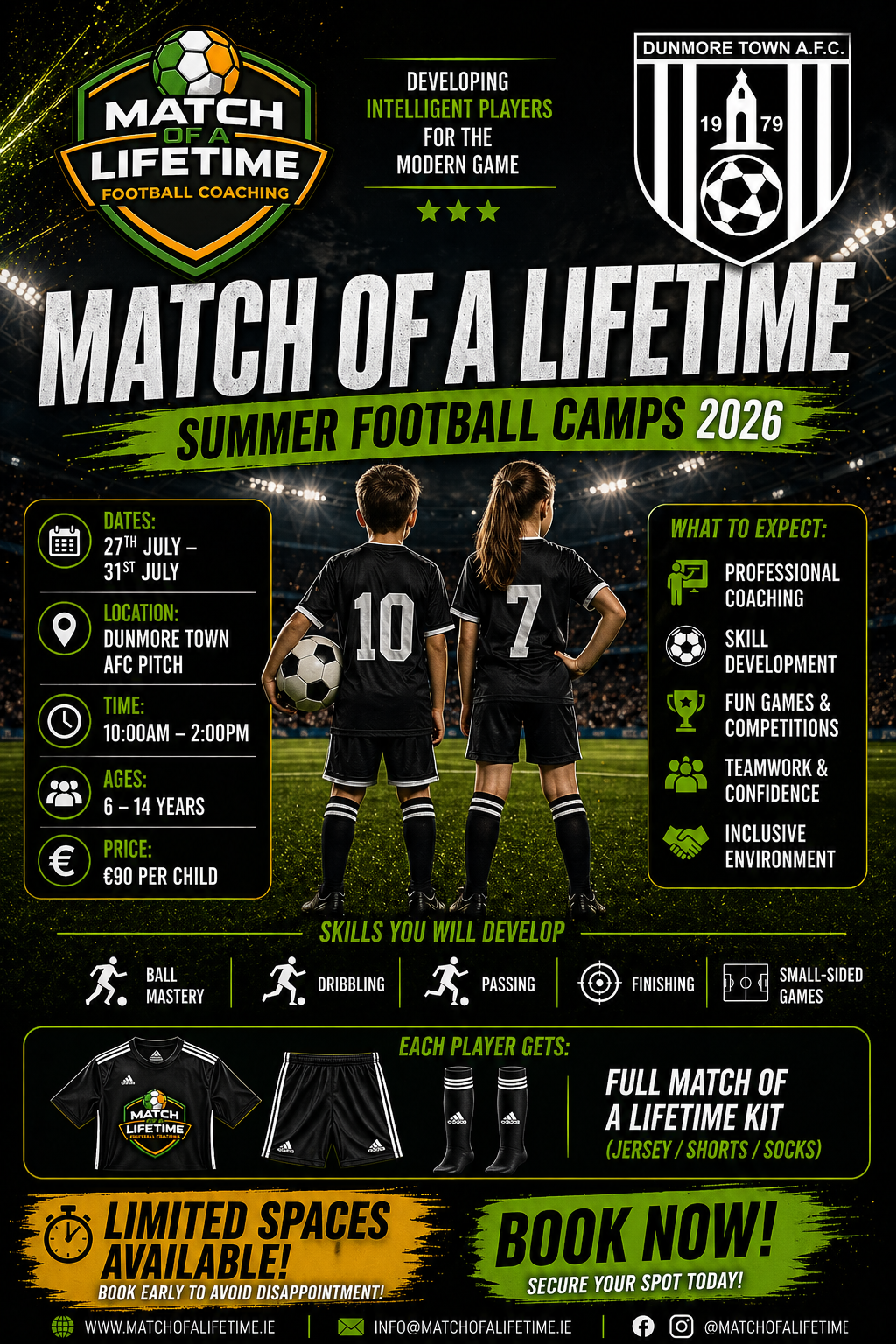 Promotional poster for Dunmore Town A.F.C. Summer Football Camps 2026 f