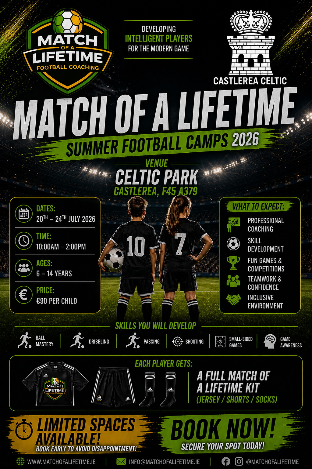 Promotional poster for Castlerea Celtic Summer Football Camps 2026 with two players on a soccer field.